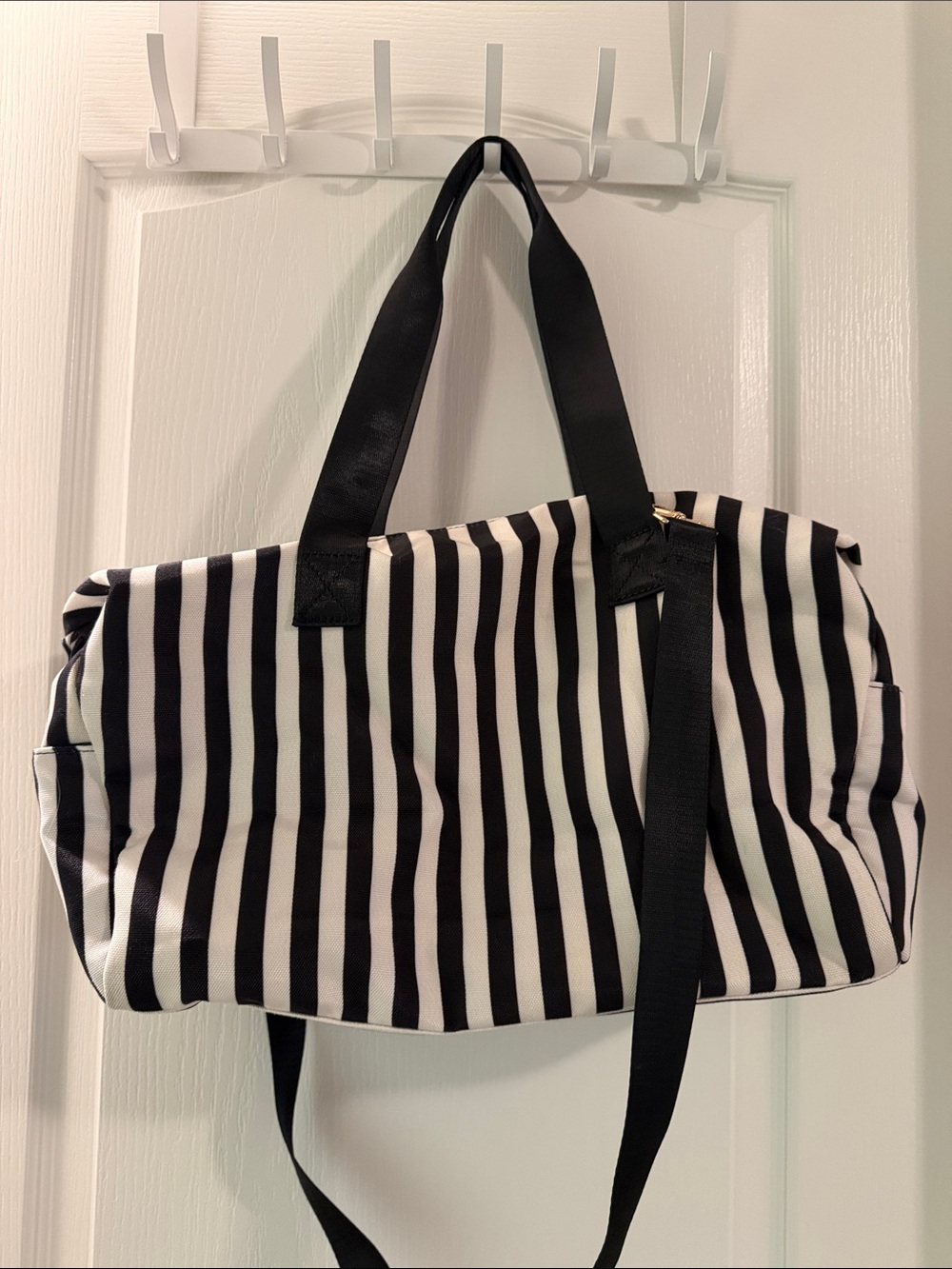 Alice + Olivia Black and White Vertical Stripe Weekender Bag